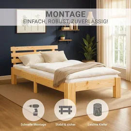 Homestyle4u Bett mit Lattenrost Holz Natur Holzbett 90x200 Einzelbett 90 x 200 cm Massivholzbett 90x200 Kiefer –