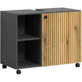trendteam smart living PureBliss Waschbeckenunterschrank auf Rollen Anthrazit/Evoke Eiche Rillenoptik 2 offene Fächer 1 Einlegeboden (BxHxT) 80 x 64 cm Edle Metallgriffe