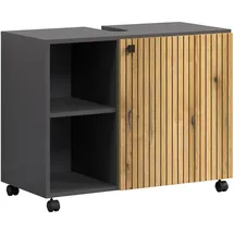 trendteam smart living PureBliss Waschbeckenunterschrank auf Rollen Anthrazit/Evoke Eiche Rillenoptik 2 offene Fächer 1 Einlegeboden (BxHxT) 80 x 64 cm Edle Metallgriffe