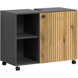 trendteam smart living PureBliss Waschbeckenunterschrank auf Rollen Anthrazit/Evoke Eiche Rillenoptik 2 offene Fächer 1 Einlegeboden (BxHxT) 80 x 64 cm Edle Metallgriffe