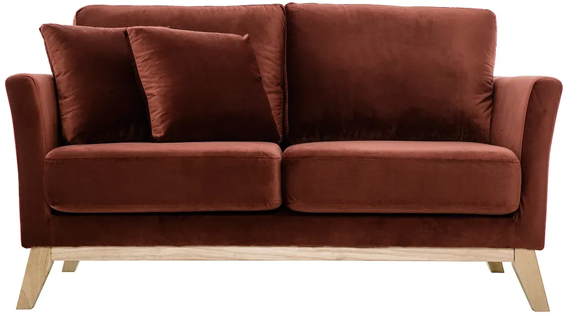 Canapé scandinave déhoussable 2 places en tissu velours rouge tomette et bois clair OSLO