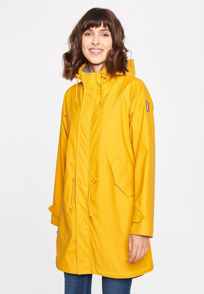 Derbe Regen- und Matschjacke Traveby Friese PVC und PFC frei, wasserabweisend, winddicht, Kapuze gelb 44