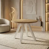 Runder Esstisch Ausziehbar 100–140 cm mit Weißen Holzbeinen aus Buchenholz – Moderner Ausziehtisch für Esszimmer, Küche und Wohnzimmer – T... - Braun/Dunkelbraun