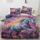 Winter Bettwäsche 155x220 Pferde Mädchen - Fantasie Bettbezug 155x220 3 teilig, Wendebettwäsche und Kissenbezug 80x80, Weiche & Angenehme & Warme Mikrofaser Bettwäsche-sets mit Reißverschluss