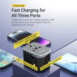 Vention FJCB0 20W Universal-Wandladegerät 1xUSB-C 2xUSB All-in-One Travel Schwarz