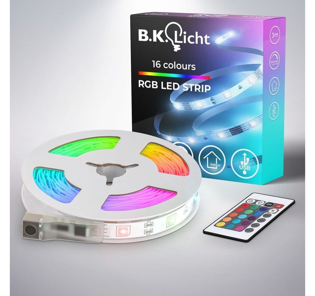 B.K.Licht LED-Streifen 3m USB LED Strip Lichtleiste dimmbar bunt Fernbedienung - BKL1562, RGB Band 3,6W 90 LEDs mit Farbwechsel selbstklebend kürzbar weiß weiß