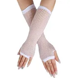 SamHeng Lange Netzhandschuhe, Weiß fingerlose Armstulpen, Mesh-Kostüm Handschuhe, Kostüm-Punk-Accessoire für Frauen, Mädchen, Kinder, 80er-Jahre-Kostüm, Abendparty-Zubehör - Einheitsgröße