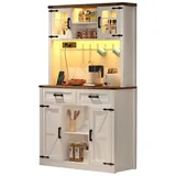 Rutaqian Barschrank Barschrank mit LED-Beleuchtung und Steckdosen mit 2 großen Schubladen (1-St., großer Küchen-Buffetschrank mit verstellbaren Einlegeböden) Scheunentor-Design, rustikaler Kaffeebar Sideboard Tisch, weiß weiß