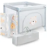 Moby-System Laufstall Baby mit Matratze & Feststellrädern - Faltbares Laufgitter 97 x 100 x 77 cm - Stabiler Rahmen, Anti-Rutsch-Pads, Teddy Bear Design (3 Teile)