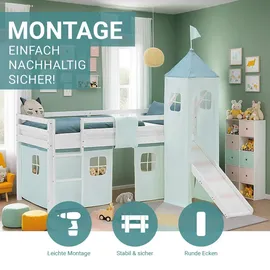 Homestyle4u Hochbett 90 x 200 cm Kiefer lackiert weiß mint