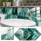 Lukery Fliesenaufkleber, 20 Stück PVC Klebefliesen Küche, Marmor Küchenrückwand Klebefliesen, Bodenaufkleber Fliesenaufkleber Bad für Möbel Wand Schrank (20x20cm,Grüner Marmor)