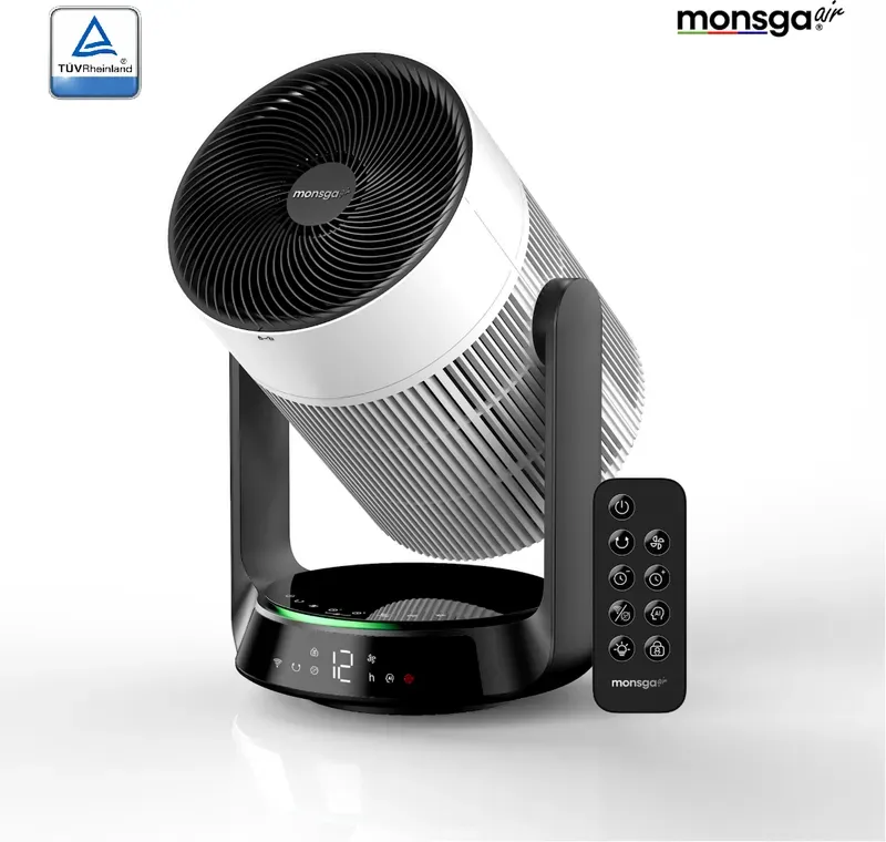 monsga 2-in-1 Smart-Luftreiniger & Luftzirkulationsventilator AP200, 360° omnidirektionale Oszillation, 280 m3/h CADR für Allergene & PM2.5, 25 dB ultra-leise, App-/Fernbedienung, ganzer Raum Kühlung & Klimaanlagen-Begleiter