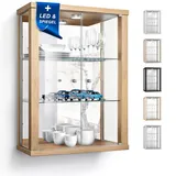 K-Möbel Hängevitrine in Buche (80x60x25 cm) mit 2 höhenverstellbaren Glasböden, Spiegel & LED - Modellauto Vitrine Buche - Vitrinenschrank Buche - Sammlervitrine - Glasvitrine Regal Glas Mini Vitrine