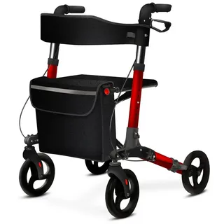 aktivshop Rollator faltbar und leicht mit Sitz, Leichtgewicht-Reiserollator aus Aluminium, Gehhilfe 8-fach höhenverstellbar, Laufhilfe 3-fach faltbar für Kofferraum, Tasche & Schirmhalter