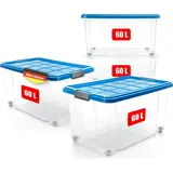 BigDean 4 Stück 60 L Aufbewahrungsbox mit Deckel groß azurblau - stapelbare robuste Box BPA-frei - rollbare Stapelbox - Germany