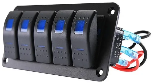 Einbaupanel mit 5 ON/OFF‐Schaltern, universell für 12–24 V, geeignet für LED‐Leuchten, Lichtbalken, Scheinwerfer, Winden und Lam