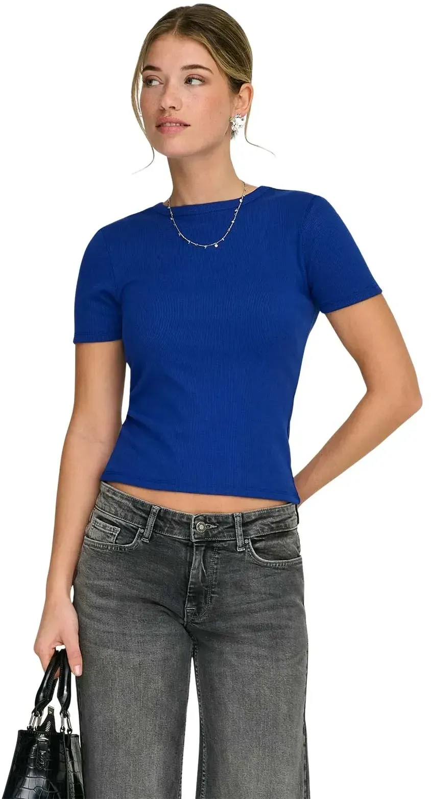 Only T-Shirt June mit feiner Rippstruktur in Royalblau-L