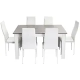 Mondeer Esstisch Set Mit 6 Stühlen, Moderne Essgruppe Mit Kunstleder Hochlehner, Für Esszimmer/wohnzimmer, 138x90x75cm, Weiß&grau, Mondeer