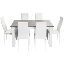 Mondeer Esstisch Set Mit 6 Stühlen, Moderne Essgruppe Mit Kunstleder Hochlehner, Für Esszimmer/wohnzimmer, 138x90x75cm, Weiß&grau, Mondeer