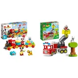 LEGO 10941 DUPLO Disney Mickys und Minnies Geburtstagszug, Spielzeugzug mit Kuchen und Ballons, ab 2 Jahren, & 10969 DUPLO Town Feuerwehrauto Spielzeug, Lernspielzeug für Kleinkinder ab 2 Jahren