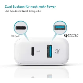 Pazzimo Ladegerät 2-Fach Qualcomm Quick Charge 3.0 USB + USB-C 6A Weiß