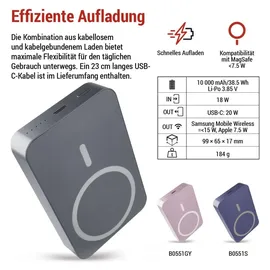EMOS Powerbank 10 000 mAh WI 1046 mit Magnet - magnetischer externer Akku mit Passthrough und Wireless-Charging USB-C-Ausgang inkl. USB-Datenkabel - für iPhone, Smartphone, Tablet - blau