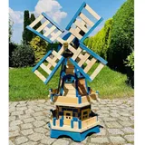 DARLUX handgefertigte Sechseck Doppelstock-Garten-Windmühle aus Holz Natur/Blau Höhe 93 cm