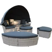 Enjoy Fit Poly Rattan Sonneninsel XL mit faltbarem Sonnendach Ø 210 cm inkl. Auflagen Kissen, Lounge Sonnenliege Gartenmuschel (Light Gray XL)