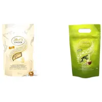 Lindt LINDOR Schokoladen Kugeln weiß, 1kg & LINDOR Schokoladen Kugeln Pistazie | 1 kg Beutel, wiederverschließbar | ca. 80 Milch-Schokolade mit zartschmelzender Pistaziencrèmefüllung