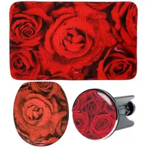 Sanilo Badaccessoire-Set Rosen, Komplett-Set, 3 tlg., bestehend aus WC-Sitz, Badteppich und Waschbeckenstöpsel rot