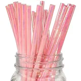 Folie Rosa Papier Strohhalme Einweg, 100 Stück Schillernde Koralle Rosa Strohhalme Bulk für Weihnachten, Geburtstag Party Supplies, Hochzeit - 100% Biologisch Abbaubar