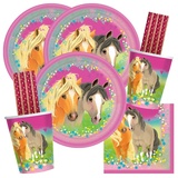 amscan/spielum 68-teiliges Party-Set Pferde - Pretty Pony - Teller Becher Servietten Trinkhalme für 16 Kinder