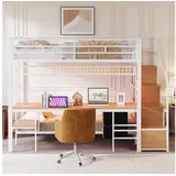STILVORA Etagenbett 140×200 Metallbett mit Stauraum Jungendbett mit Schreibtisch Weiß (mit Schreibtisch und LED-Beleuchtung, Platzsparendes Multifunktionsbett mit Steckdosen, offenem Stauraum und Stoffschubladen, 140x200 cm Oberbett und 90x200 cm Unterbett), ohne Matratze weiß