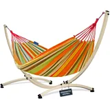 Potenza Outdoor Hängematte mit Verzinkter Gestell für 2 Personen I Baumwolle Doppelhängematte XXL 220x160, 200kg I Hängemattengestell 220kg, wetterfest (Orange, Gestell Ecru)