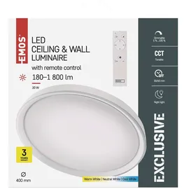 EMOS LED Deckenleuchte 30W dimmbar mit Fernbedienung, einstellbare Helligkeit 180–1800 lm und Lichtfarbe 2700–6500 K, Nachtlicht + Timer, ZM5168 - Weiß