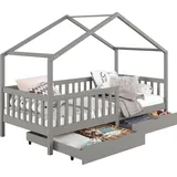 Idimex Hausbett ELEA aus massiver Kiefer, Kinderbett mit Rausfallschutz 90x200cm, Spielbett mit Dach in grau - Grau