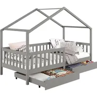 Idimex Hausbett ELEA aus massiver Kiefer, Kinderbett mit Rausfallschutz 90x200cm, Spielbett mit Dach in grau - Grau