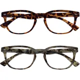 OPULIZE ORA Lesebrille für Damen Herren, Designer Stil, Leser mit Federscharnier, Rechteckiger Rahmen, 2er-Pack Braun & Grau Schildpatt +1,00