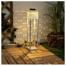 ETC Shop Solar Fackeln Quader Deko Solarleuchte Erdspitz mit weißem Rattan Design, LED warmweiß mit Schalter, H 62 cm, Garten Balkon