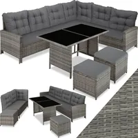 tectake Polyrattan Lounge Set, Gartenmöbel Set mit Sofa, Hocker + Tisch, Balkon Möbel Outdoor, 5-teilige Sitzgruppe, inkl. Sitz- & Rückenkissen, ideal für Garten, Terrasse, Balkon - grau/beige