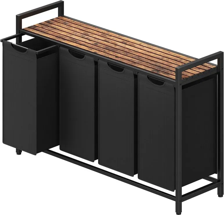 Ochama Herausziehbarer Wäschekorb mit abnehmbarem Beutel, 160 L – Wäschesortierer mit Metallrahmen und Ablage, Tintenschwarz und Rustikales Braun, 115,6 x 33 x 72,5 cm