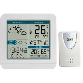 TFA SKY Funk-Wetterstation, 35.1152.02,Wetterstation Funk mit Außensensor, Wettervorhersage, Funkuhr, innen und Außen, mit Anzeige des Wohlfühlklimas, Uhrzeit und Datum, weiß
