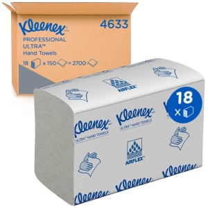 Kleenex® UltraTM Papierhandtücher, 2-lagig, Z-Falz, 24,1 x 19,1 cm, Cleveres Mehrfach-Design für ein reißfestes Entnehmen einzelner Papiertücher, 1 Karton = 18 Packungen à 150 Tücher