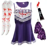 Cheerleader-Kostüm für Damen, Halloween-Kostüme für Damen, Cheerleader-Halloween-Kostüm, Erwachsenen-Zombie-Cheerleader-Halloween-Kostüm für Damen, totes Cheerleader-Blutschlauch, Strümpfe, Violett, - 40