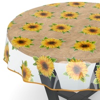 ANRO Tischdecke transparent Folie durchsichtige Wachstuchtischdecke Tischschutz Schutzfolie Tischfolie Bedruckt Motiv 0,15mm Sonnenblumen Rund 140cm mit Saum Rund Oval Eckig