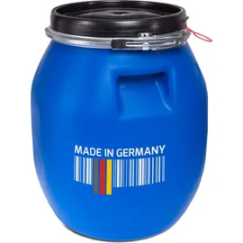 plasteo plasteo® 30 Liter Deckelfass mit Spannverschluss Lebensmitteltauglich Futtertonne Luftdicht Verschließbar Stapelbar und Palettengerecht Stabile Griffmulden Blau