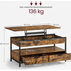 VASAGLE Couchtisch höhenverstellbar Braun Schwarz 50 x 100 x 48-63 cm
