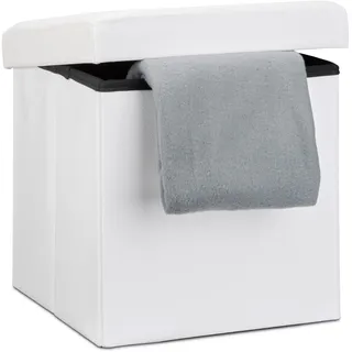 Relaxdays Faltbarer Sitzhocker, Sitzcube mit Stauraum u. Deckel, Fußablage, Sitzwürfel aus Kunstleder, weiß