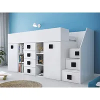 Kinderbett Hochbett T-3P-G, mit Schreibtisch, Schrank und Schubladen. Farbe Weiß/Griffe Schwarz