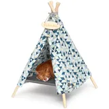 Outentin Tierbett Katzentipi und Hundehöhle mit Bett - Tipi-Zelt für Katze und Hund, 100% Baumwolle, Abnehmbares Bett, Beschriftbares Namensschild, Verstellbares Seil blau